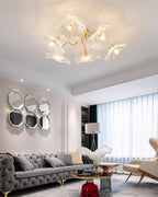 Multi-head frosted glass leaf ceiling light with gold arms