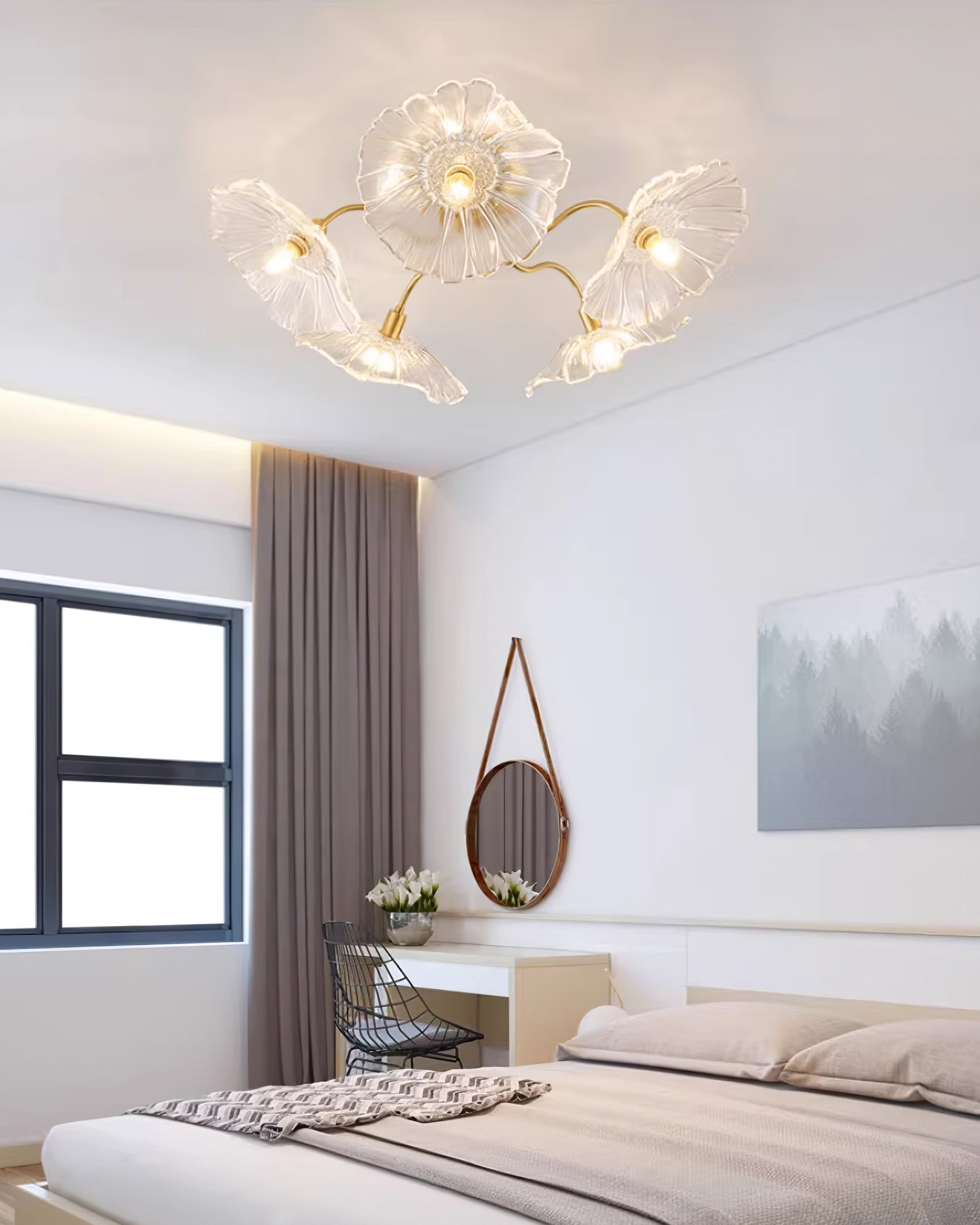 Ceiling Light, Frosted Leaf Glass Shades, Gold, E27, Lotus Leaf