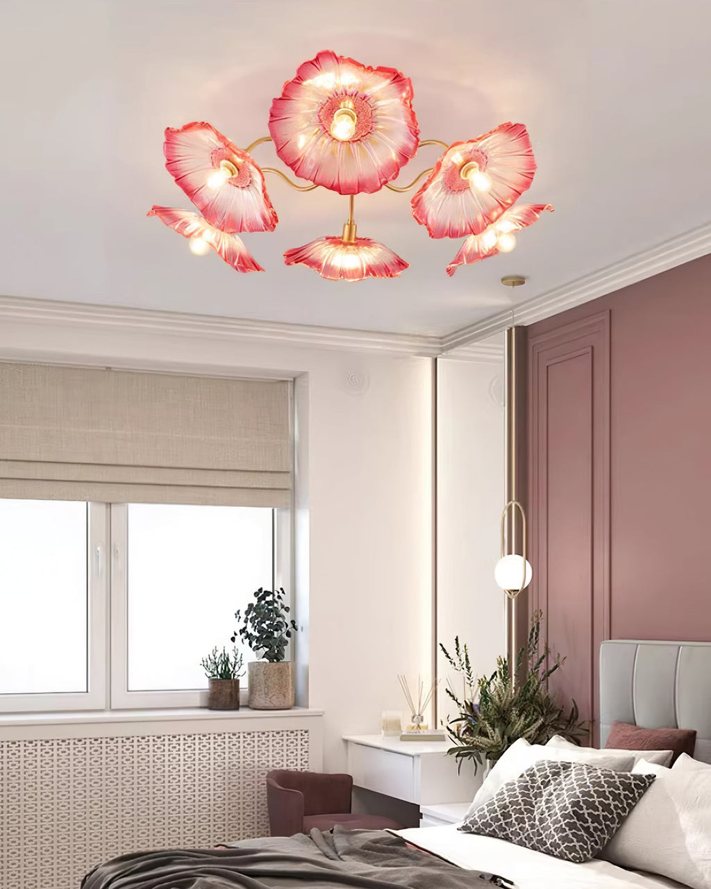 Ceiling Light, Frosted Leaf Glass Shades, Gold, E27, Lotus Leaf