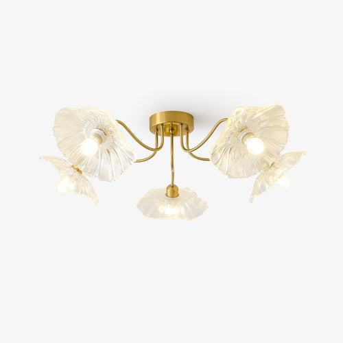 Frosted leaf glass ceiling light glowing in a styled interior