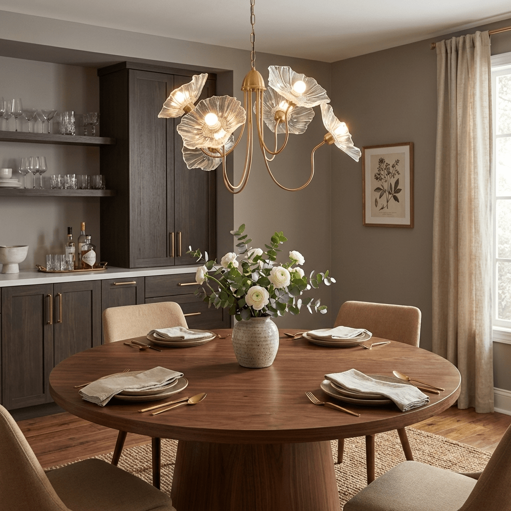 Leaf glass chandelier with gold frame against a wall