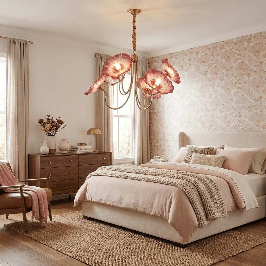 Frosted leaf shades on a gold chandelier, lit warm
