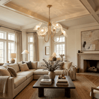 Gold chandelier with frosted leaf glass shades