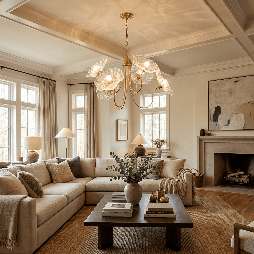 Gold chandelier with frosted leaf glass shades