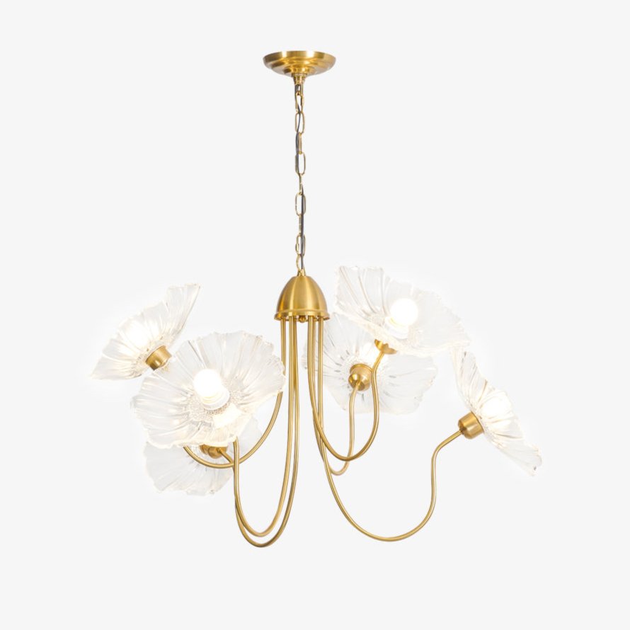 Gold chandelier with cascading frosted glass leaves