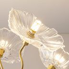Lysekrone, frostede glasskærme med bladmotiv, guldramme, E27