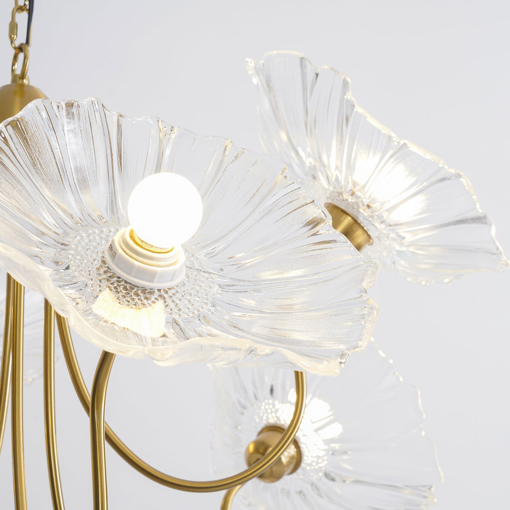 Pink frosted leaf glass chandelier on a gold frame
