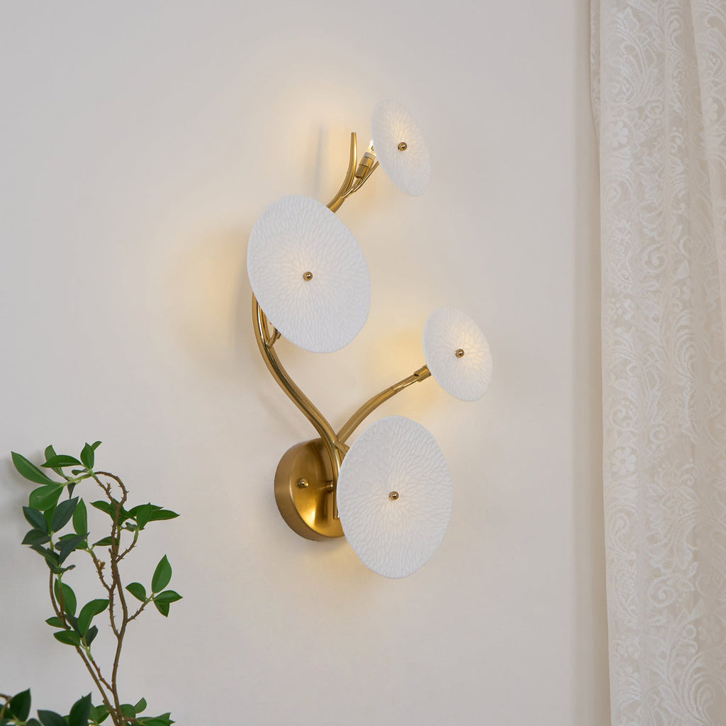 Wall Sconce, White Ceramic Lotus Petals, Gold Spine, G4 Hardwired