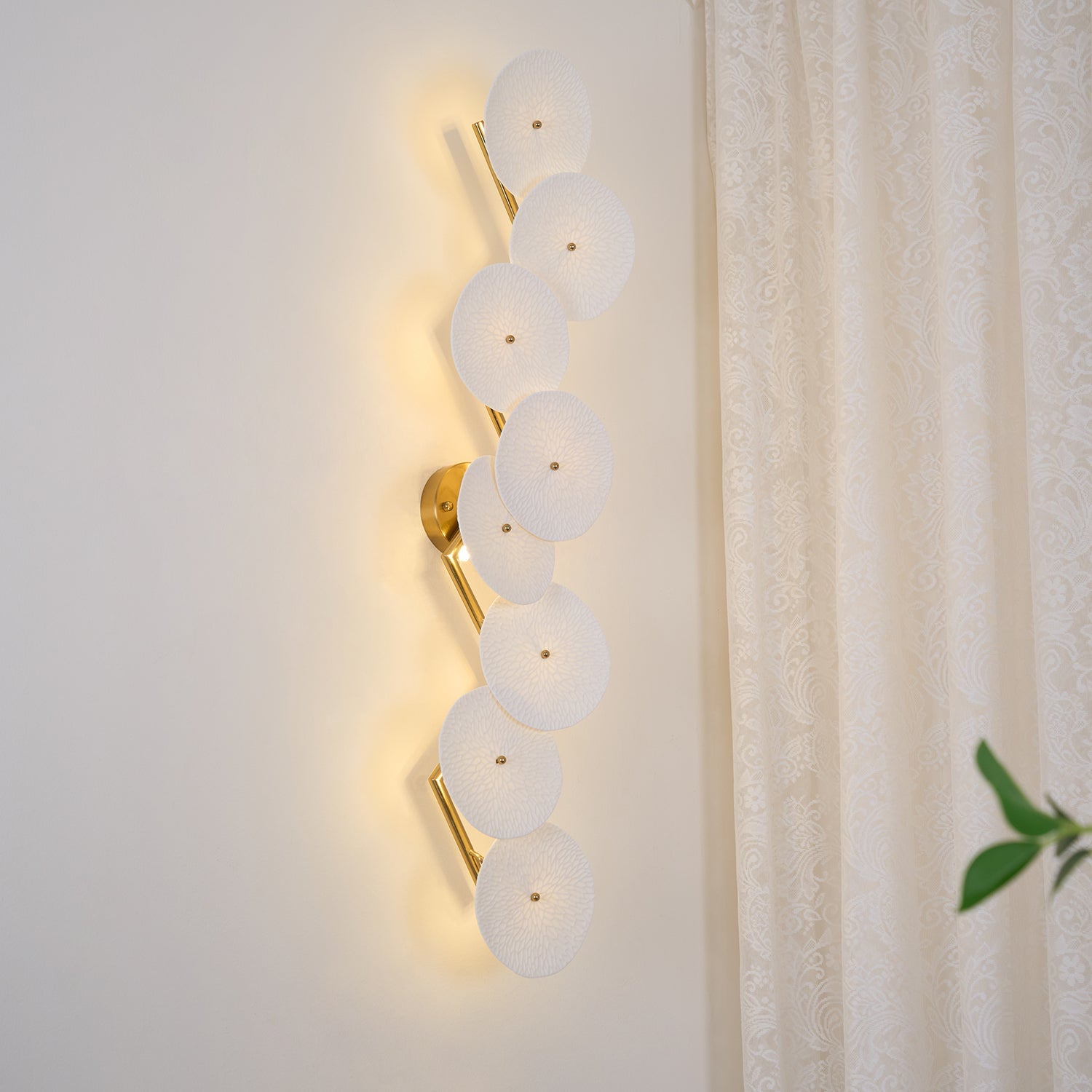 Wall Sconce, White Ceramic Lotus Petals, Gold Spine, G4 Hardwired