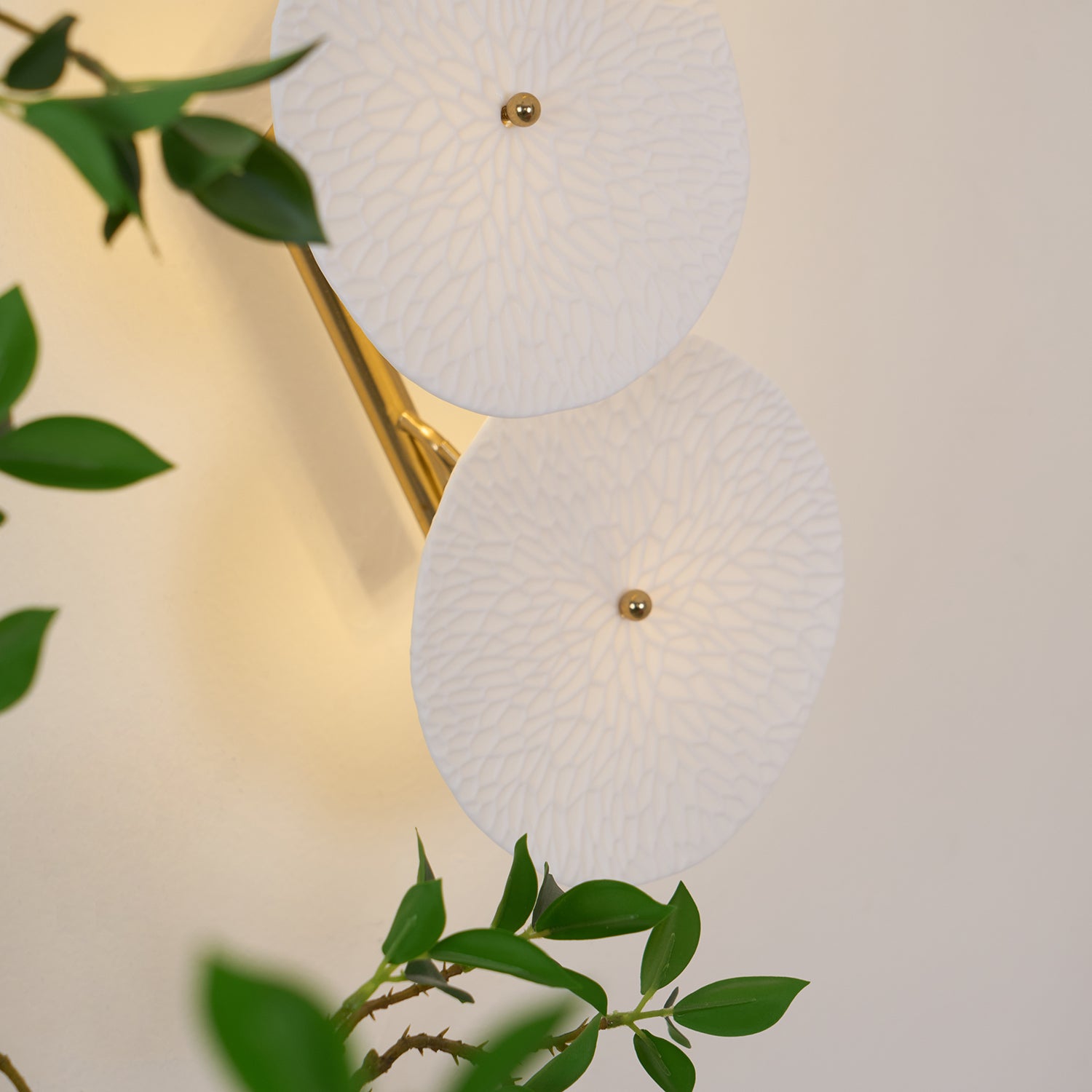 Wall Sconce, White Ceramic Lotus Petals, Gold Spine, G4 Hardwired