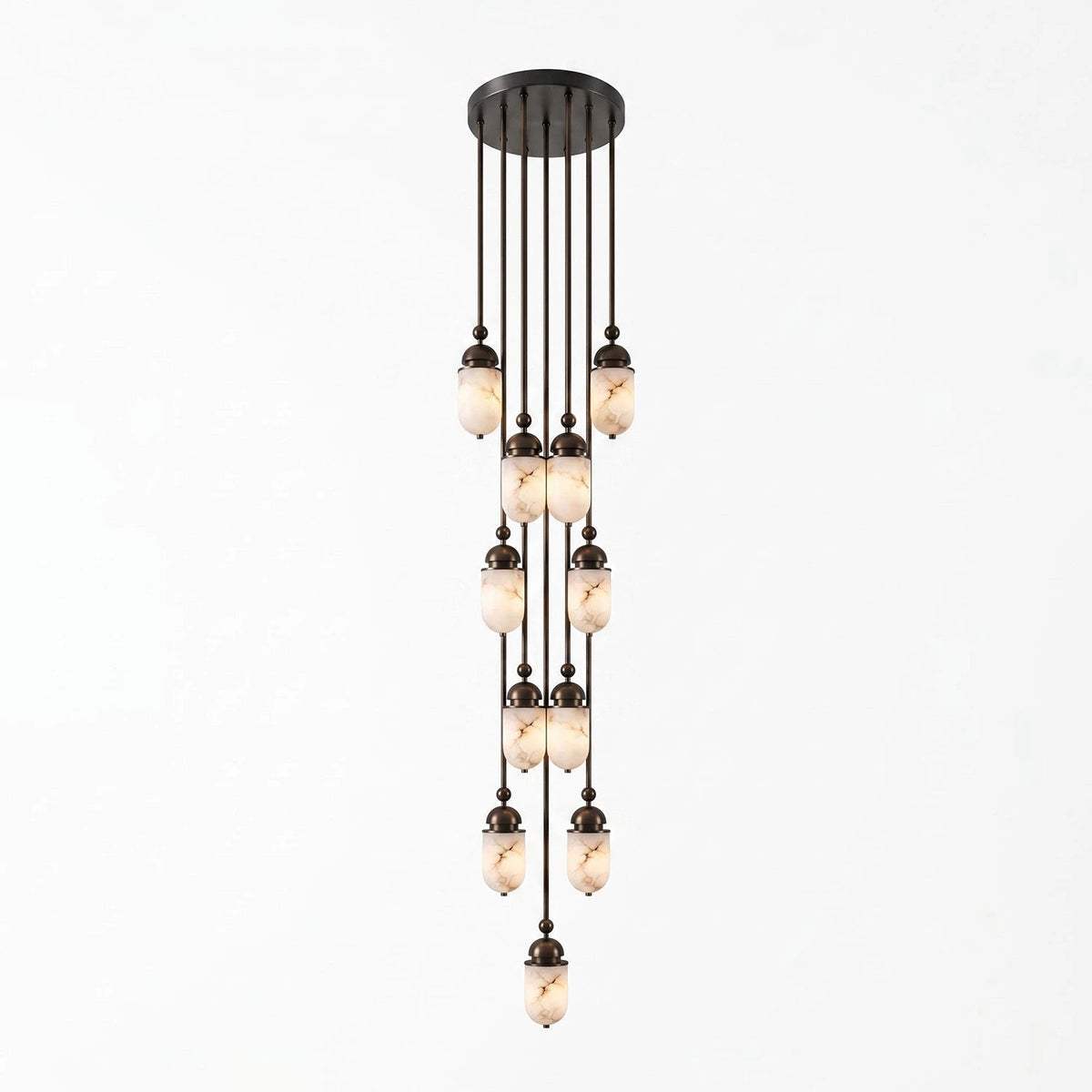 Product view of this Clérachic pendant, its marbled alabaster capsules staggered into a dense cluster on dark bronze rods.