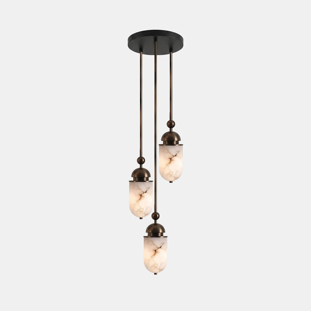 A compact three-capsule version of this Clérachic pendant glows warm, its alabaster shades staggered on dark rods.