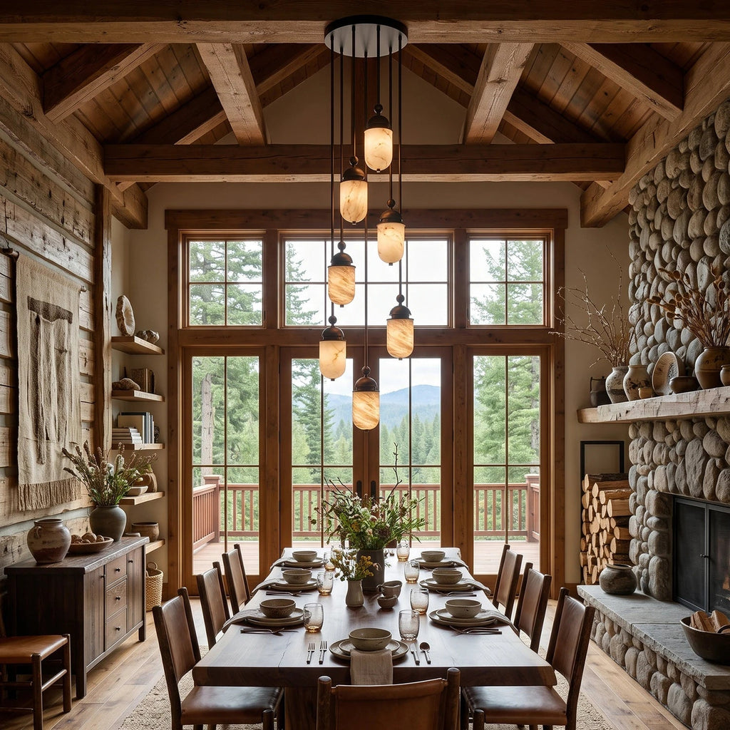 In a timber-beamed dining room with tall windows, this Clérachic pendant's alabaster capsules cluster together in warm light.