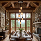 In a timber-beamed dining room with tall windows, this Clérachic pendant's alabaster capsules cluster together in warm light.