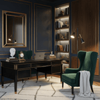 Brass Clérachic floor lamp in a navy-panelled study, its light reaching a desk with a small bust and clock.