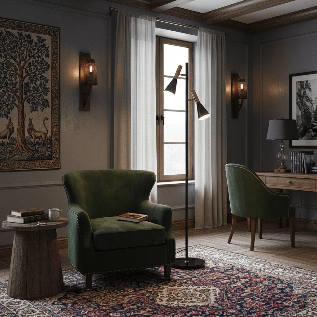 Black and brass Clérachic floor lamp in a wood-panelled study, beside a green armchair, tapestry and writing desk.