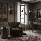 Black and brass Clérachic floor lamp in a wood-panelled study, beside a green armchair, tapestry and writing desk.