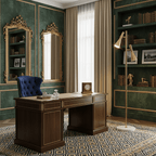 Brass Clérachic floor lamp in a green library office, its two shades angled over a bookcase, desk and blue chair.