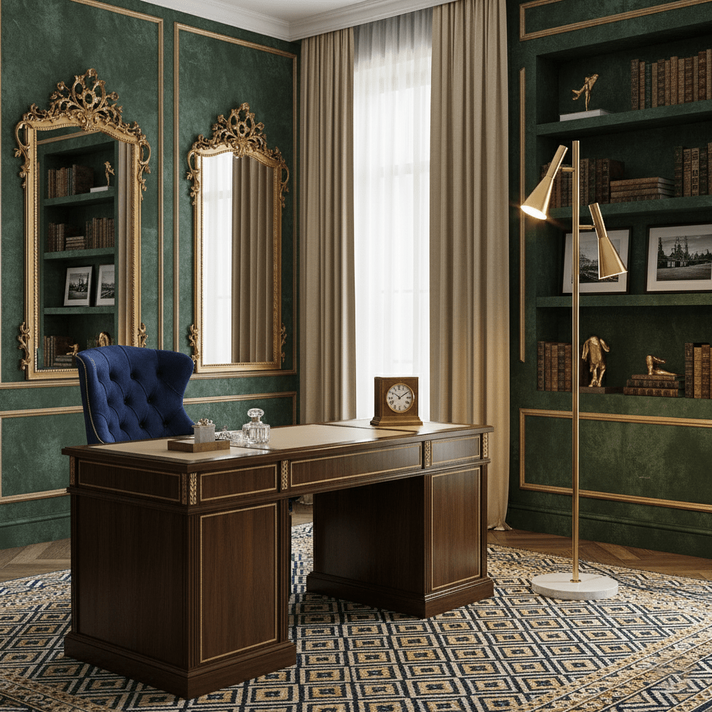 Brass Clérachic floor lamp in a green library office, its two shades angled over a bookcase, desk and blue chair.