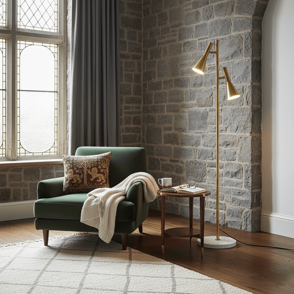 Brass Clérachic floor lamp against a grey stone wall, beside a green velvet armchair with a folded throw.