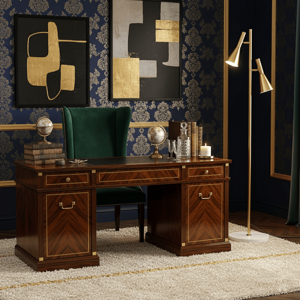 Brass Clérachic floor lamp on a white marble base in a navy wallpapered office, beside a wood partner desk.