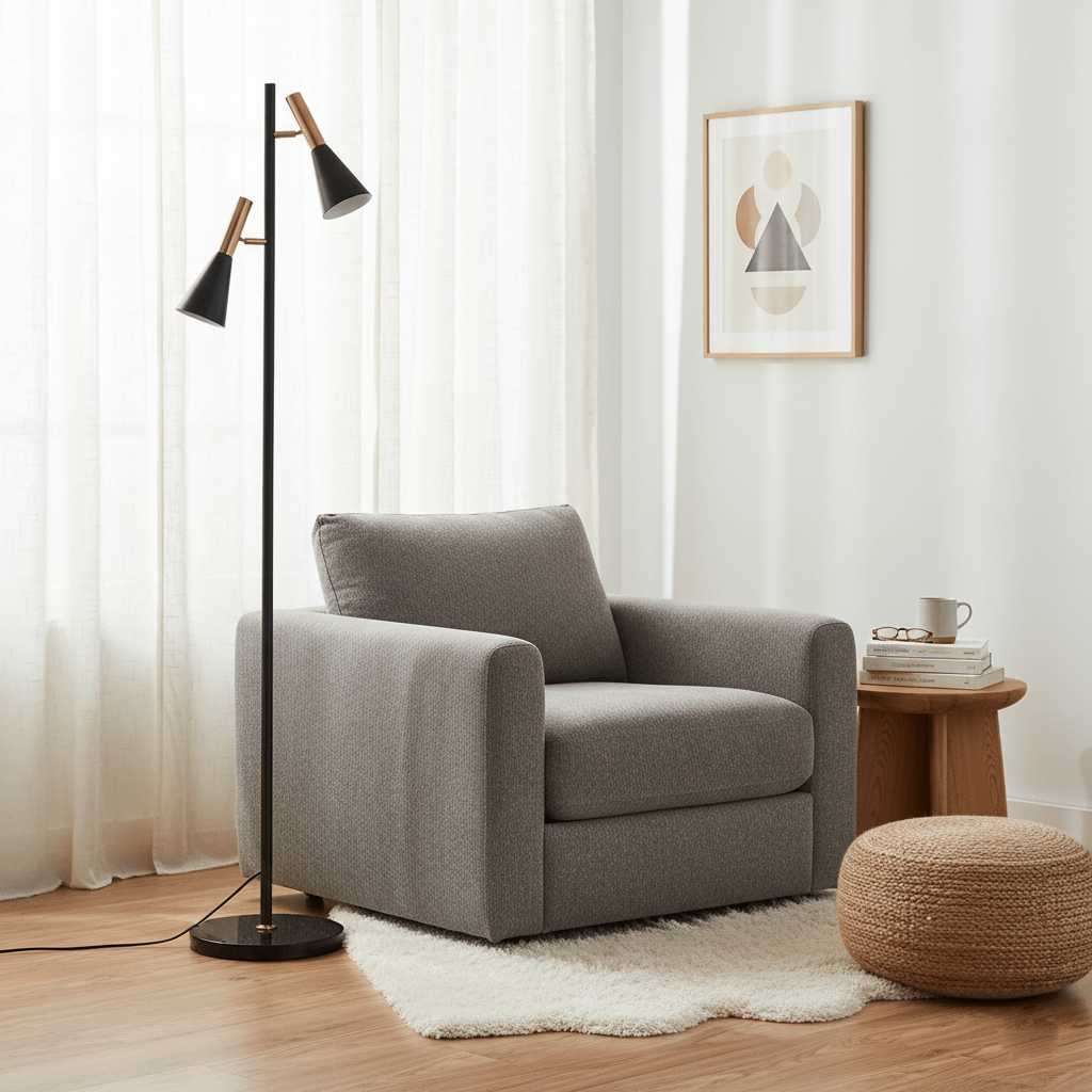 Black and brass Clérachic floor lamp beside a grey armchair, its shades aimed toward a sheer-curtained window.