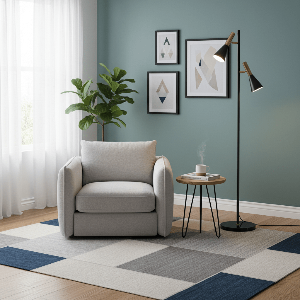 A gallery wall of framed prints hangs above a grey armchair beside a black and brass Clérachic floor lamp in a teal room.
