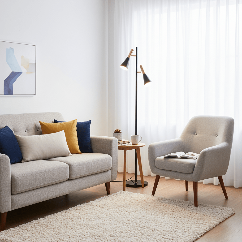 A grey sofa with mustard cushions sits opposite an armchair and side table, a black and brass Clérachic floor lamp between them.