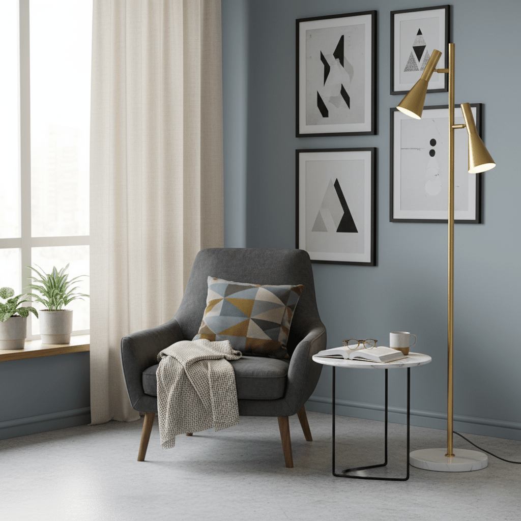 Brass Clérachic floor lamp on a marble base beside a grey armchair with a patterned cushion and a small side table.