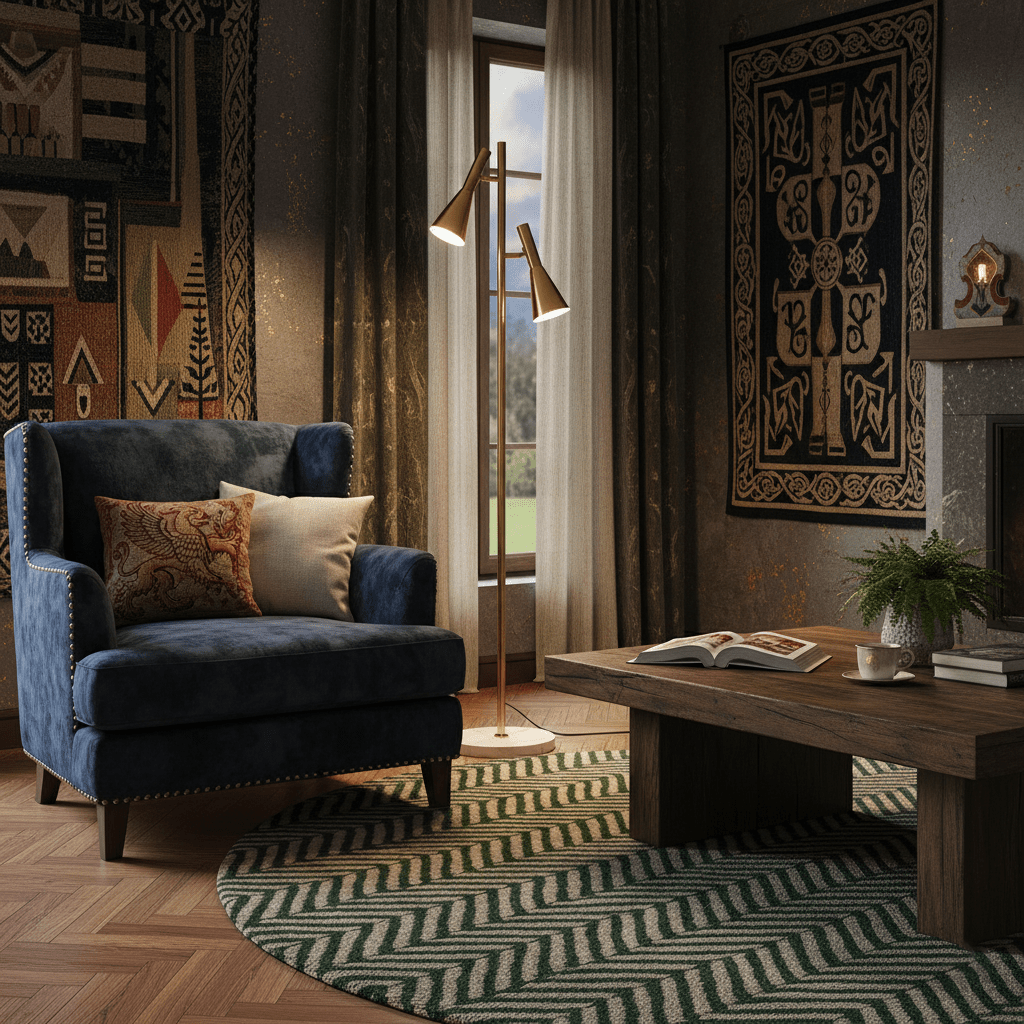 Brass Clérachic floor lamp beside a navy velvet sofa and wood coffee table, a woven tapestry on the wall behind.