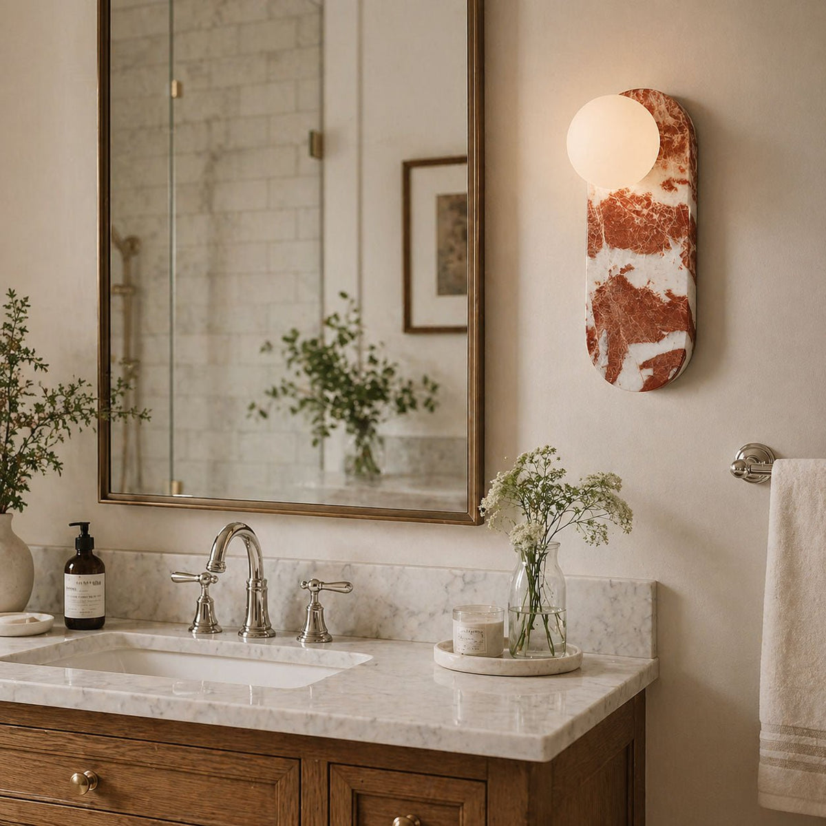 The Clérachic sconce glows beside a gilt mirror and sink, with a soap dispenser and dried flowers on the counter.