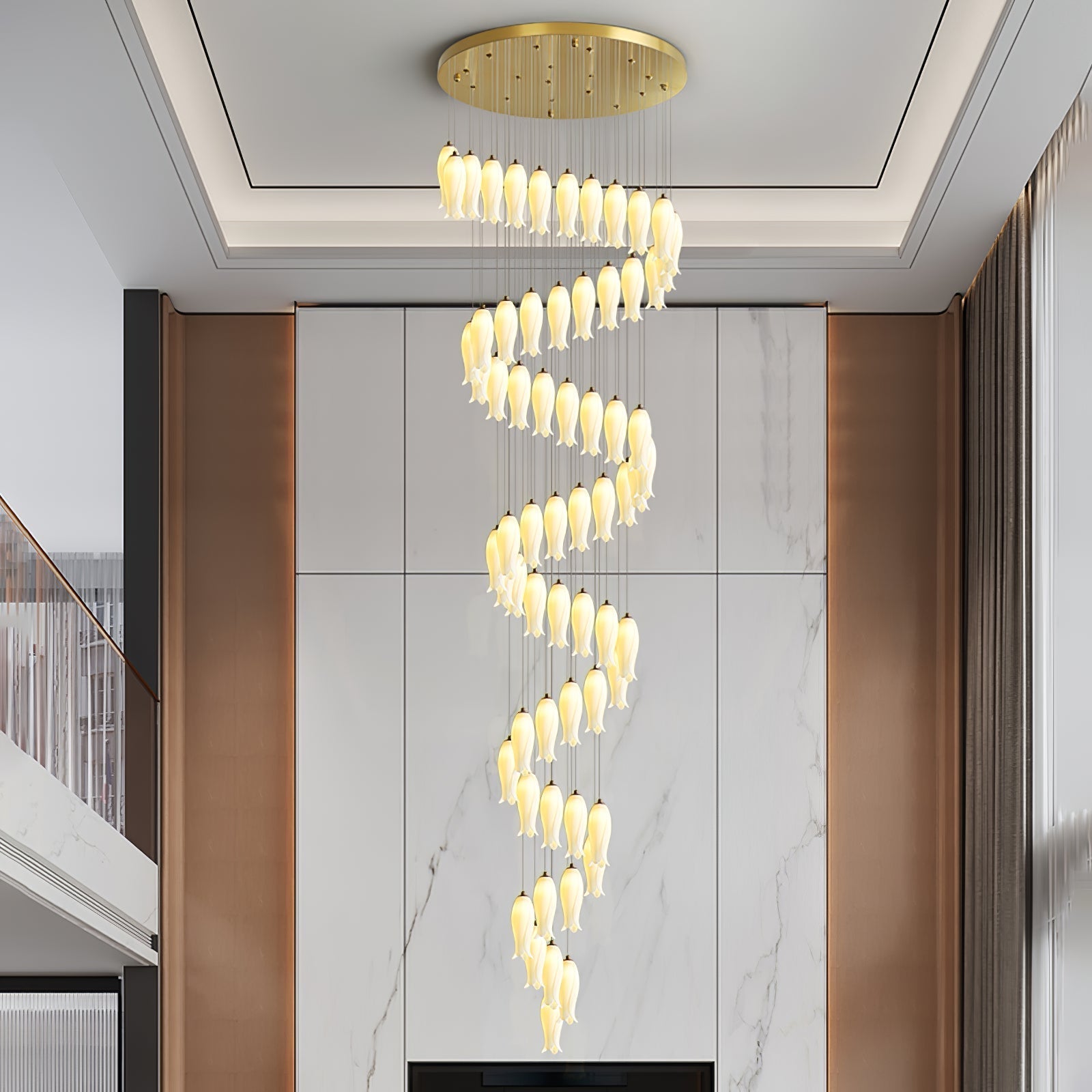 Sylirion spiralling the full height of a living room, above a dark media unit on a marble wall