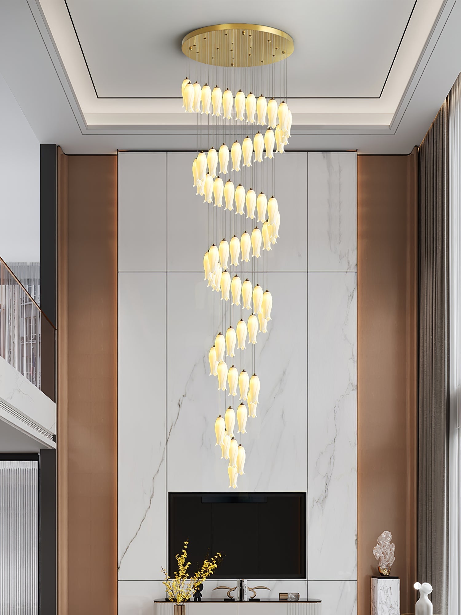 Sylirion spiralling down a double-height living room, past a marble feature wall above the media console