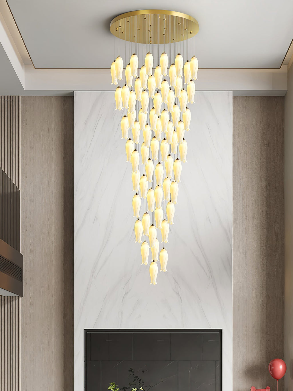 Sylirion in its widest configuration filling a tall marble-panelled wall between wood-slat walls
