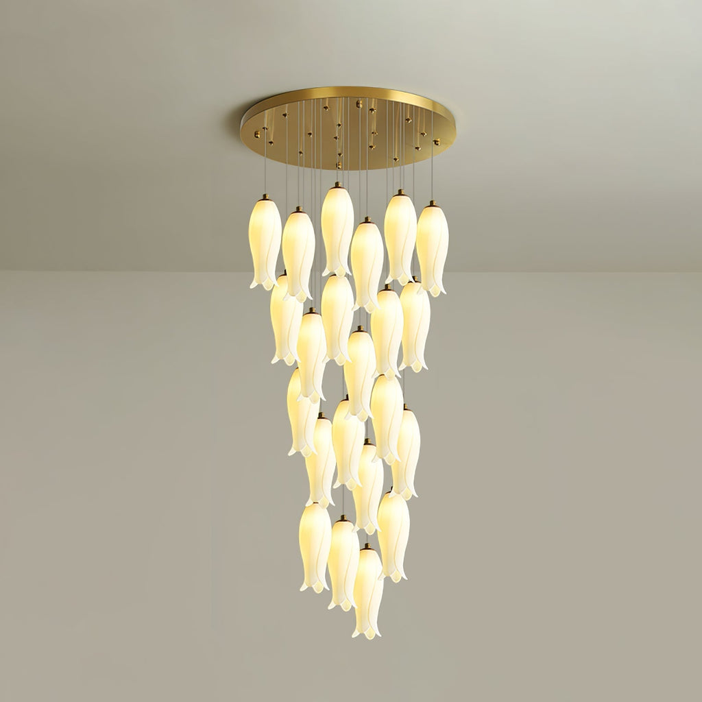 Twenty-two-light Sylirion, close enough to show the ribbed ceramic shades and their flared petal tips