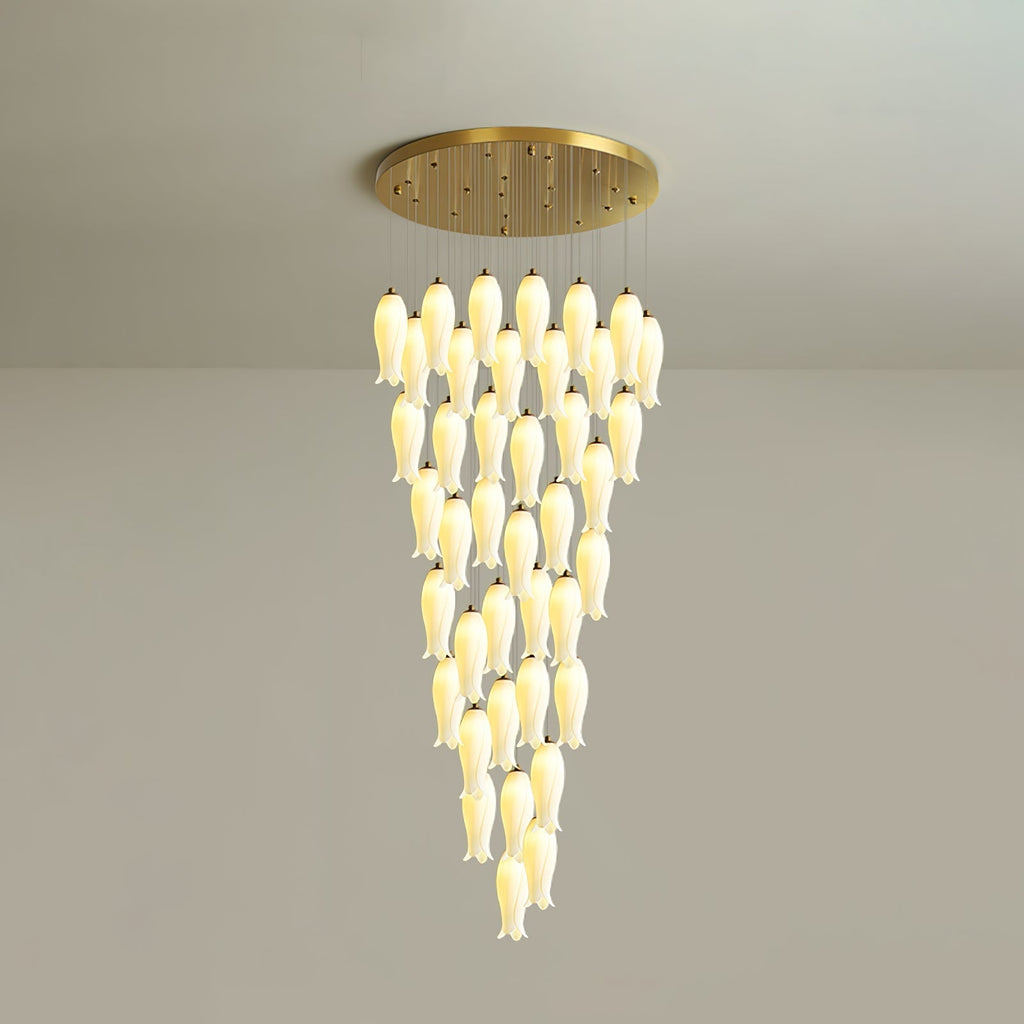 Forty-light Sylirion seen from below, rows of warm ceramic shades layered front to back