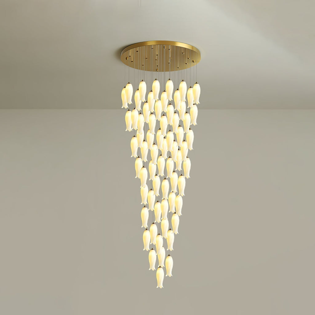 Sixty-four-light Sylirion in the shorter drop, a full cone of ceramic shades under the gold plate