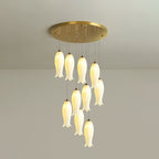 Ten-light Sylirion chandelier at its longer drop, ceramic shades spiralling down in staggered tiers