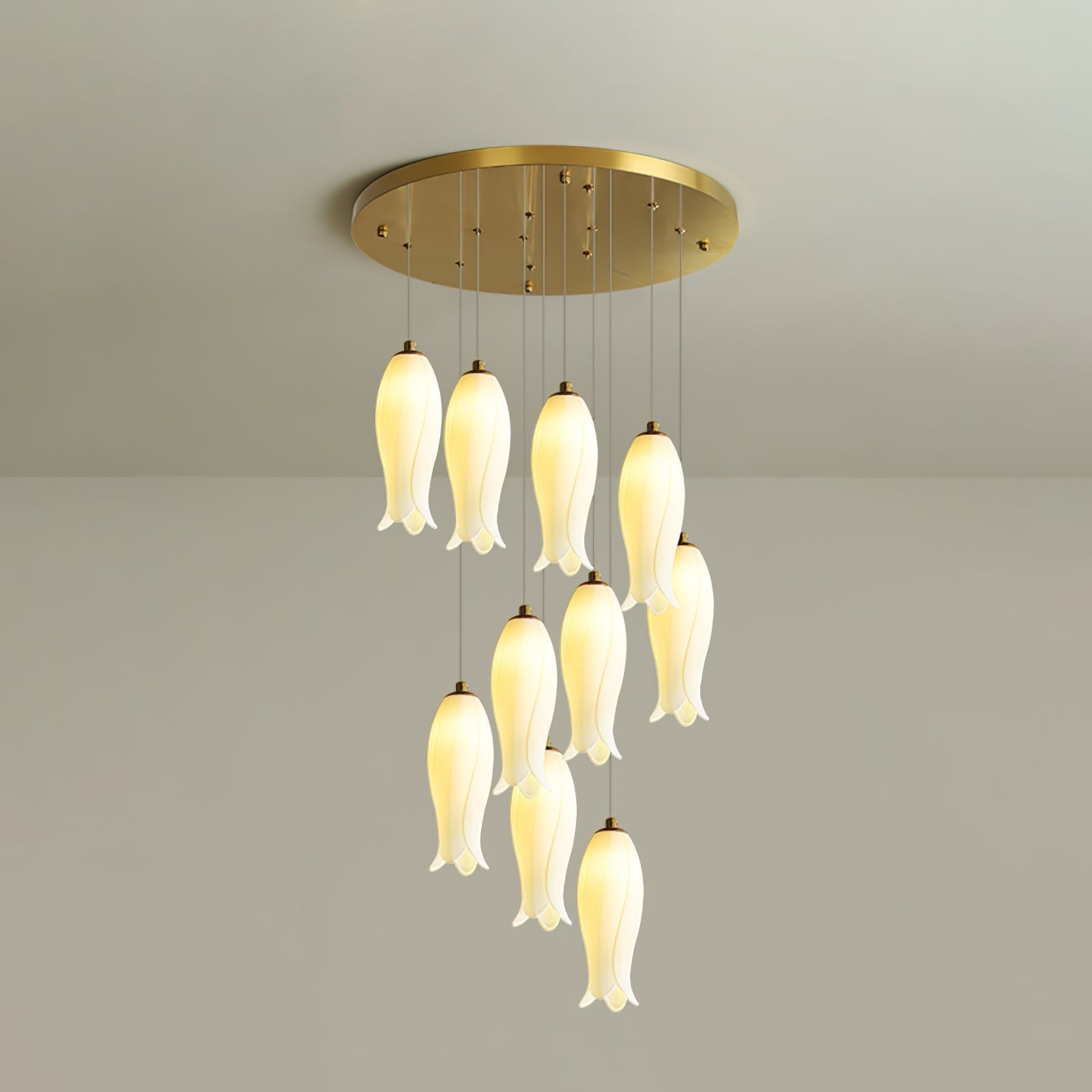 Ten-light Sylirion chandelier at its longer drop, ceramic shades spiralling down in staggered tiers