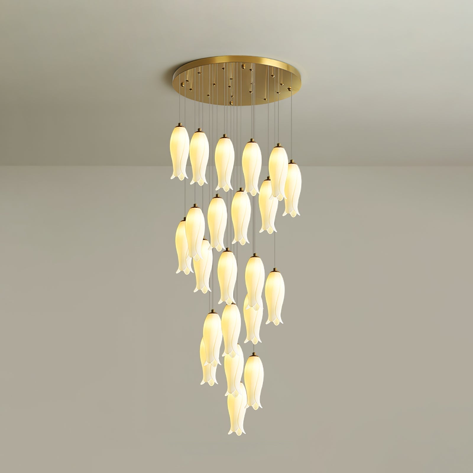 Twenty-two-light Sylirion at full drop, its longest shades hanging well below the first tier