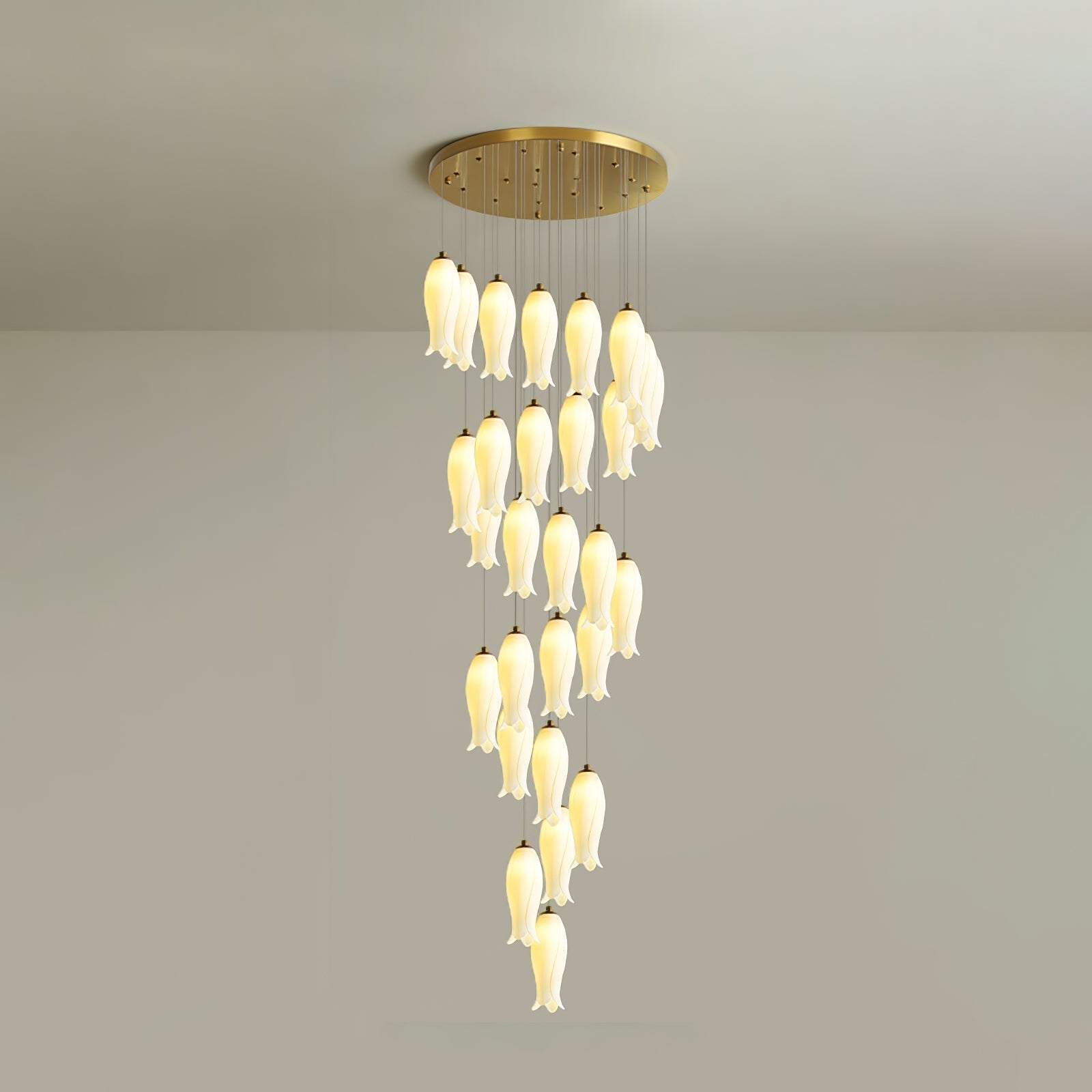 Twenty-eight-light Sylirion at full drop, shades stepping down in a loose spiral