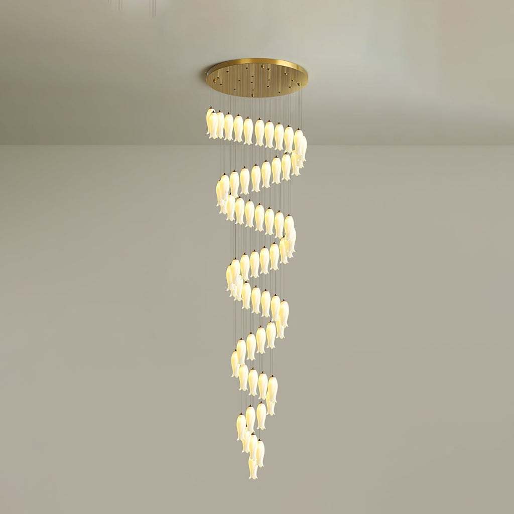 Sixty-four-light Sylirion at full drop, its spiral tapering to a single shade at the lowest point