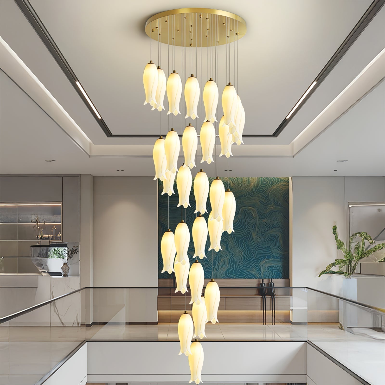 Sylirion over an open-plan landing, glass balustrades below and a teal artwork on the far wall