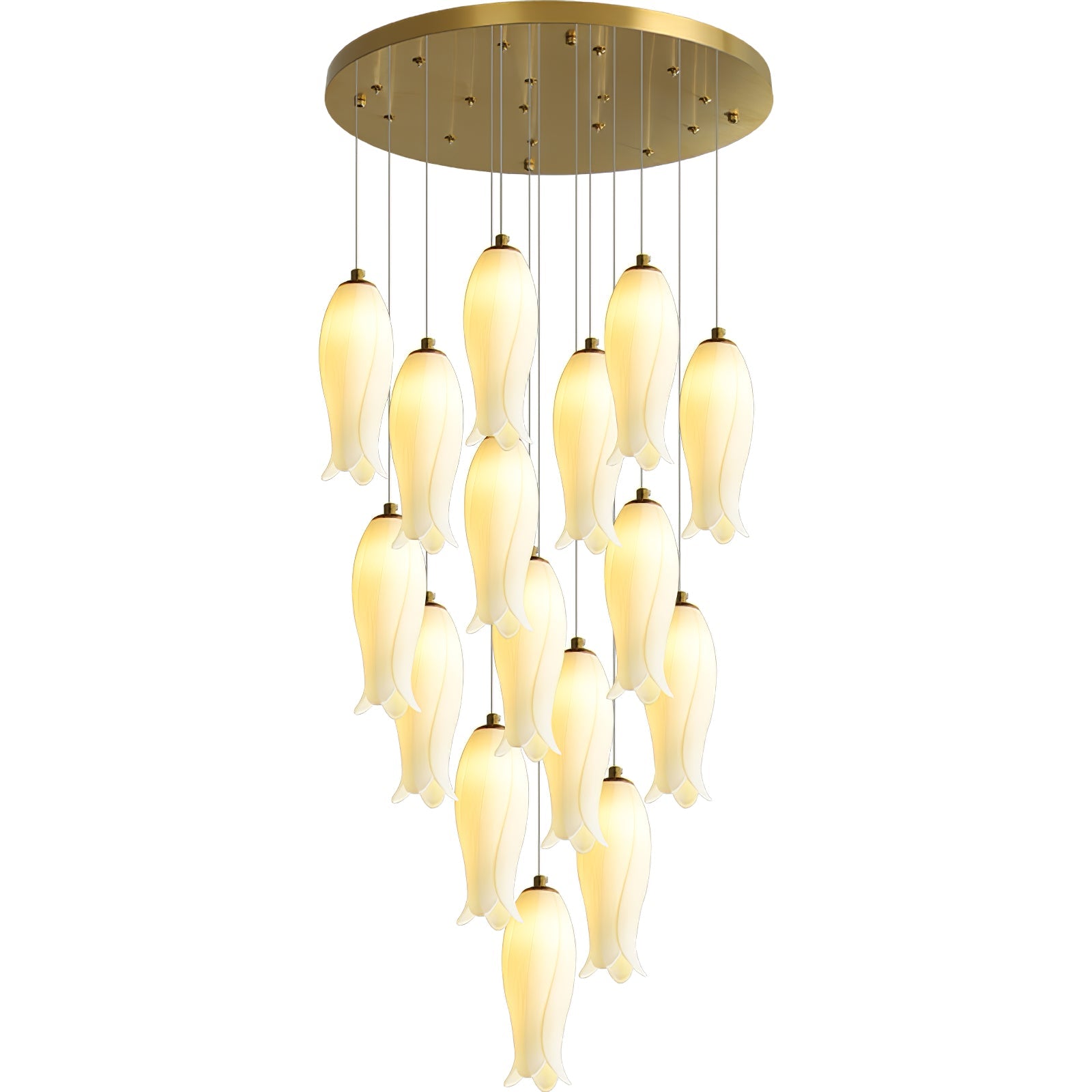 Sixteen-light Sylirion on a white background, showing the shade shape and slim gold cable fixings