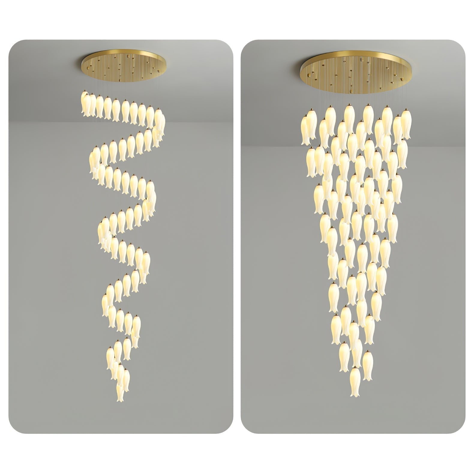 Two-panel comparison of the sixty-four-light Sylirion, open spiral drop beside the denser cone drop