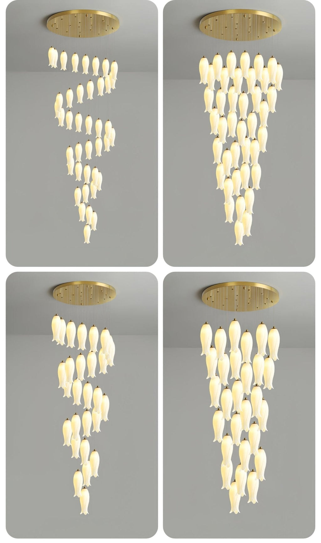 Four-panel comparison showing four Sylirion configurations side by side, from spiral to dense cone