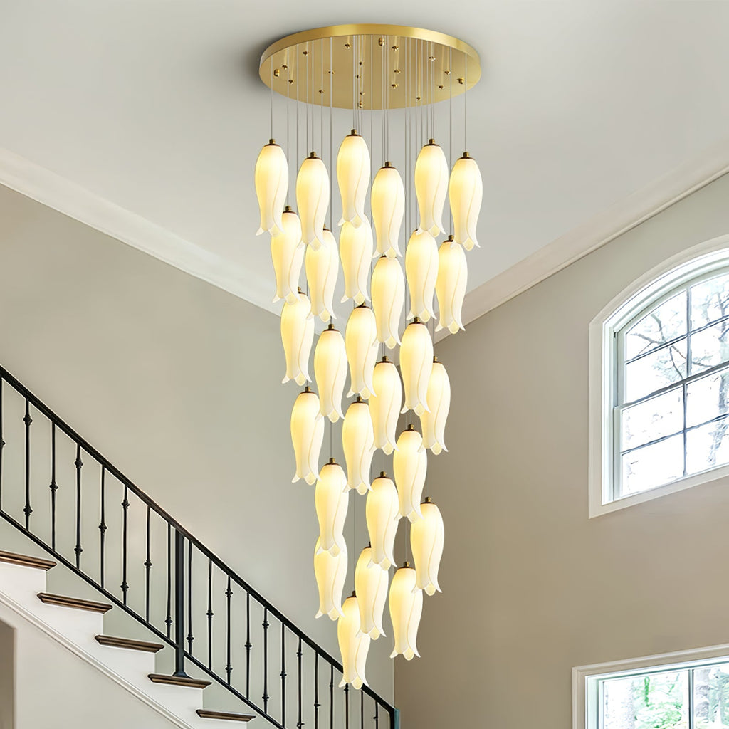 Larger Sylirion over a period staircase, its shades reaching well below the wrought-iron handrail