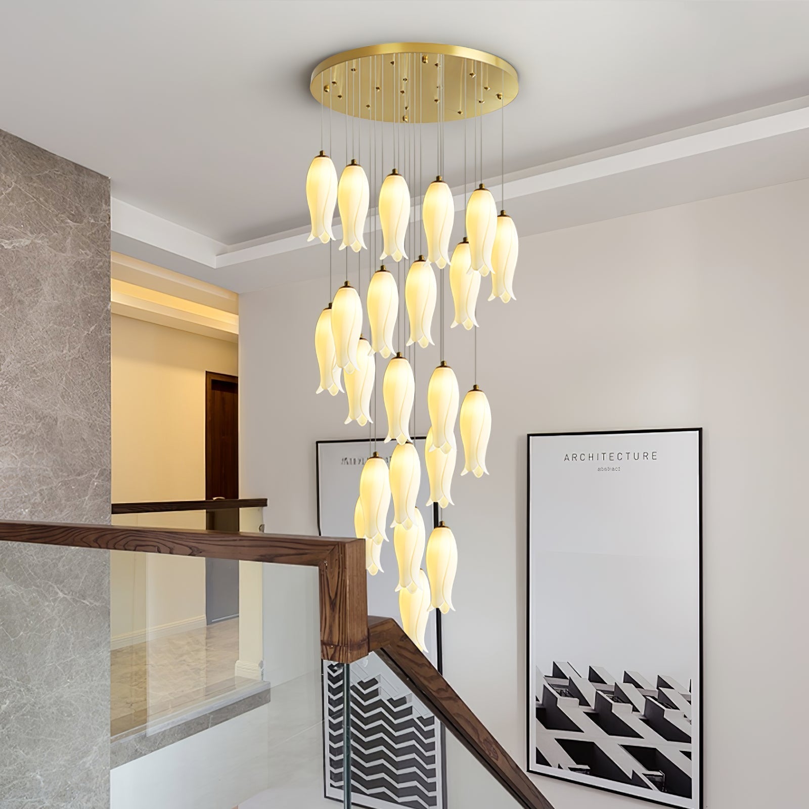 Wider view of the Sylirion in a stairwell, shades lit above the wood handrail and glass balustrade