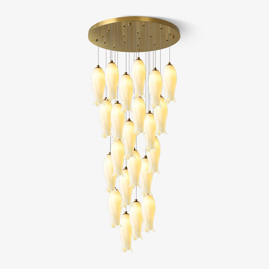 Sylirion chandelier on a plain white background, gold plate above a full cascade of ceramic shades