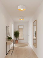 Globe light with white glass and wood-grain interior